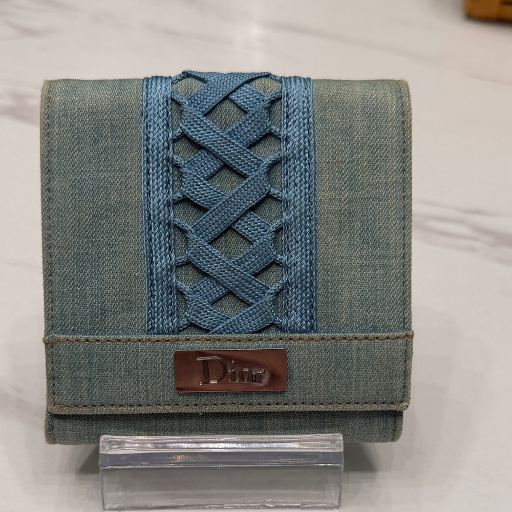 Dior Green-Blue Denim Bifold Wallet with Braided Ribbon